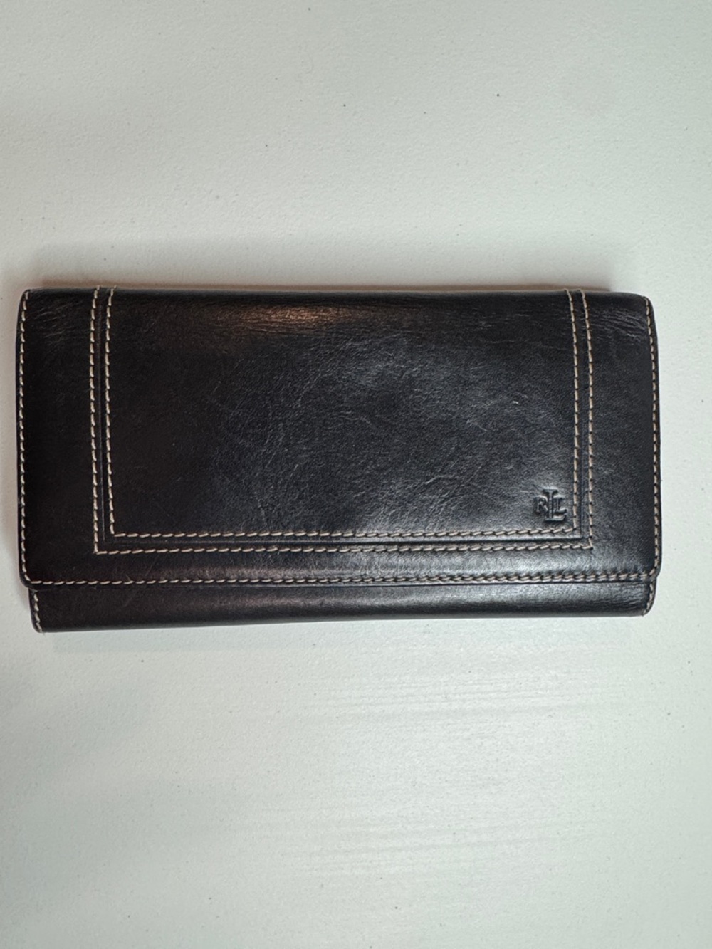 Lauren Ralph Lauren Black Leather Key & Card Wallet with Contrast Stitching